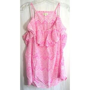 Britt Ryan Pink Geometric Silk Sleeveless Ruffle Neck Shirt Size Large NWOT